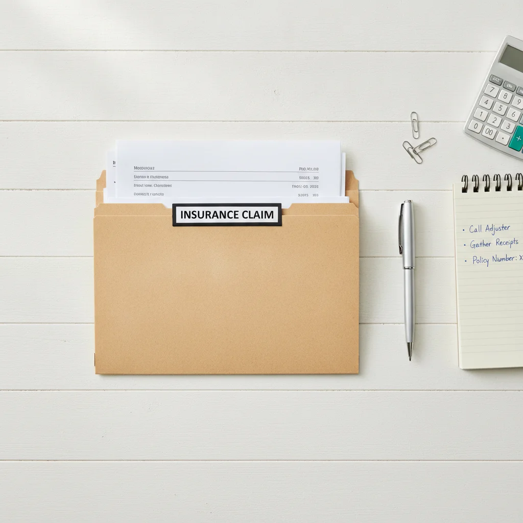 Organized insurance claim folder with documents, notepad, and pen on a desk