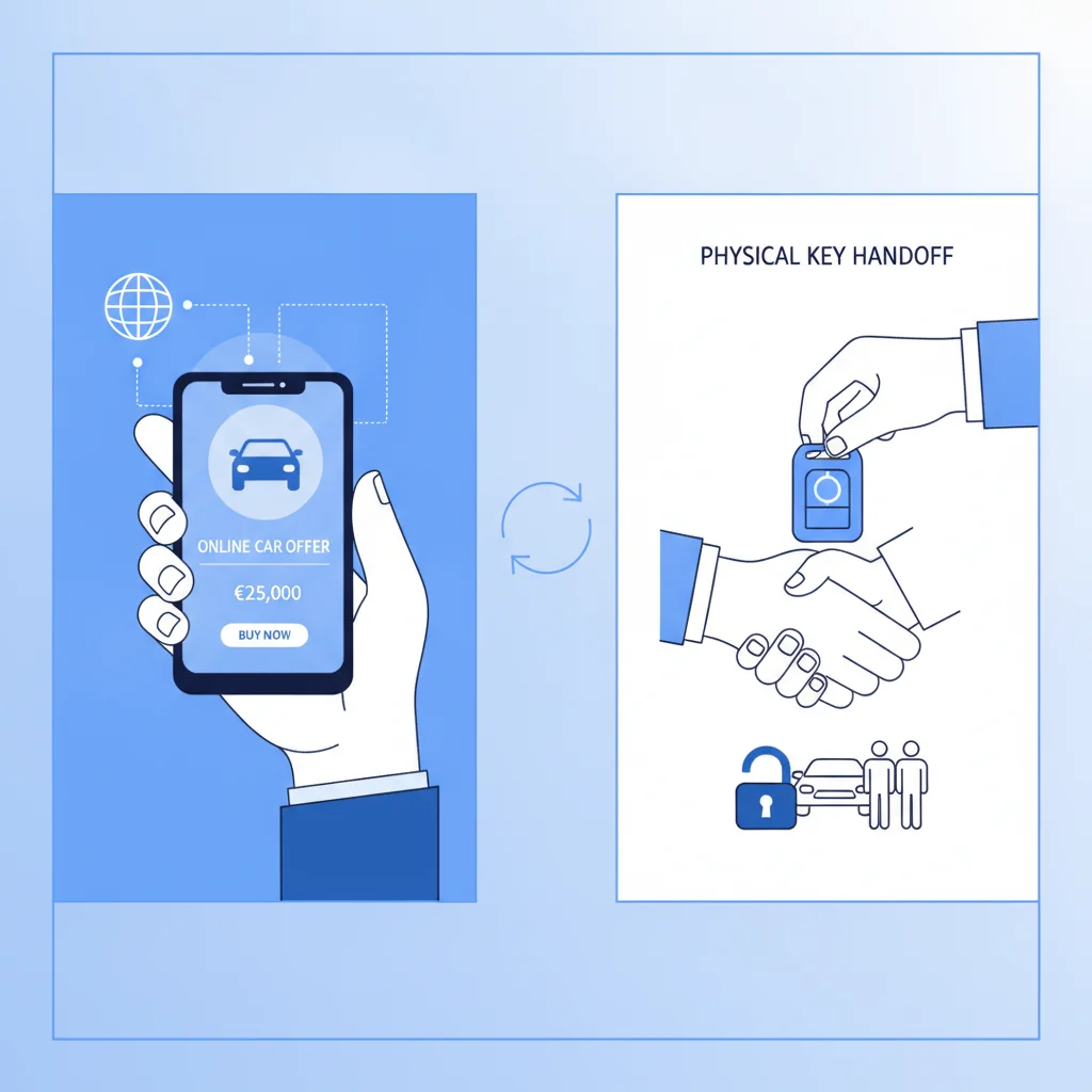 Split-screen showing an online car offer on a phone and an in-person vehicle key handover