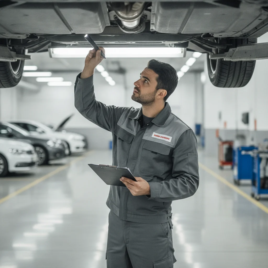 Vehicle inspector examining a car's body panels and undercarriage during an in-person appraisal