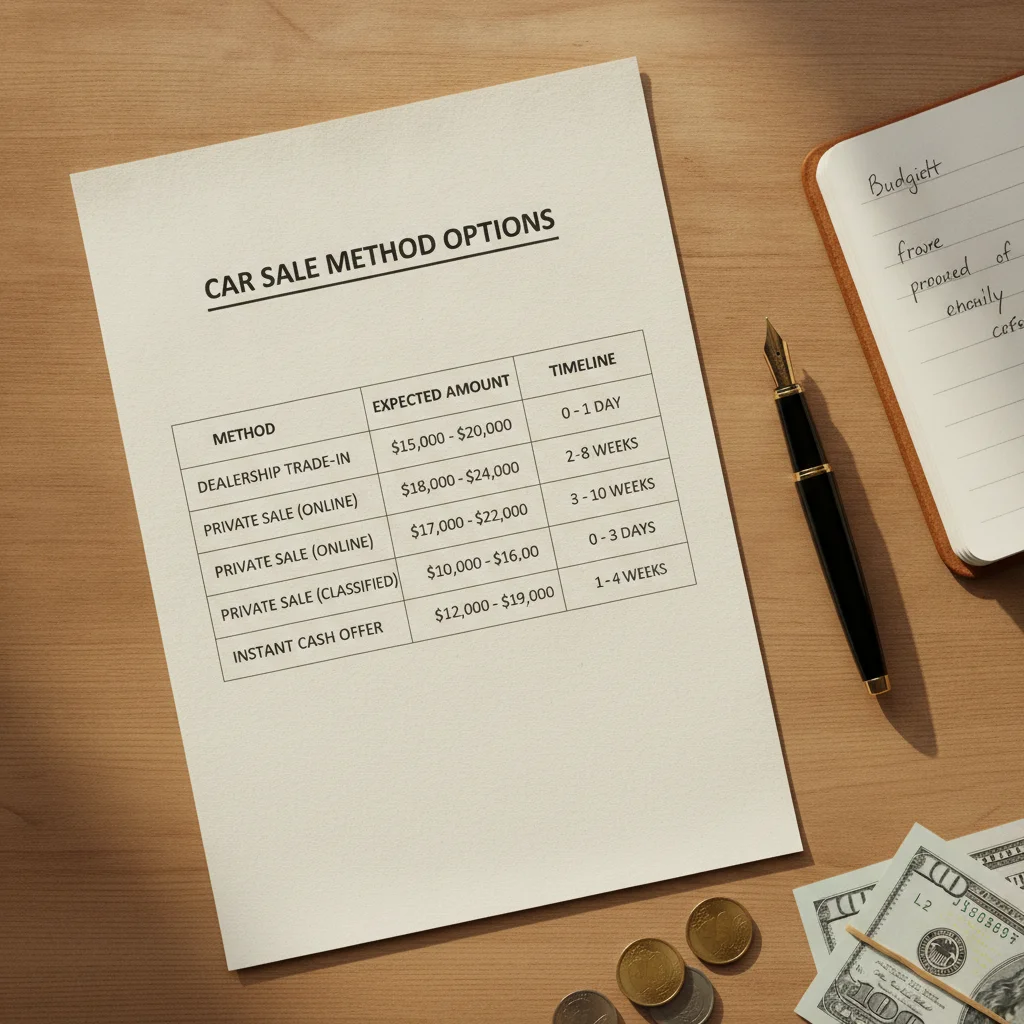 Comparison chart on a desk showing different car-selling methods with payout and timeline columns