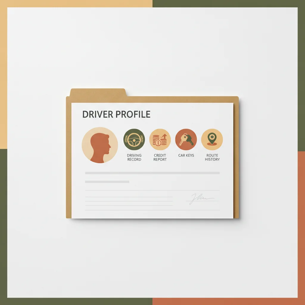 Flat-lay illustration of an insurance underwriting profile with driving record and credit icons