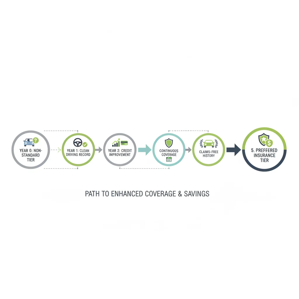 Five-year timeline graphic showing steps to move from non-standard to preferred insurance risk tier