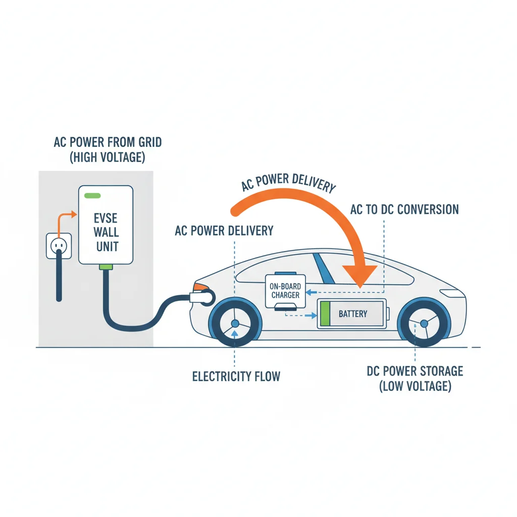 Diagram showing EVSE wall unit delivering electricity to on-board charger inside an electric vehicle