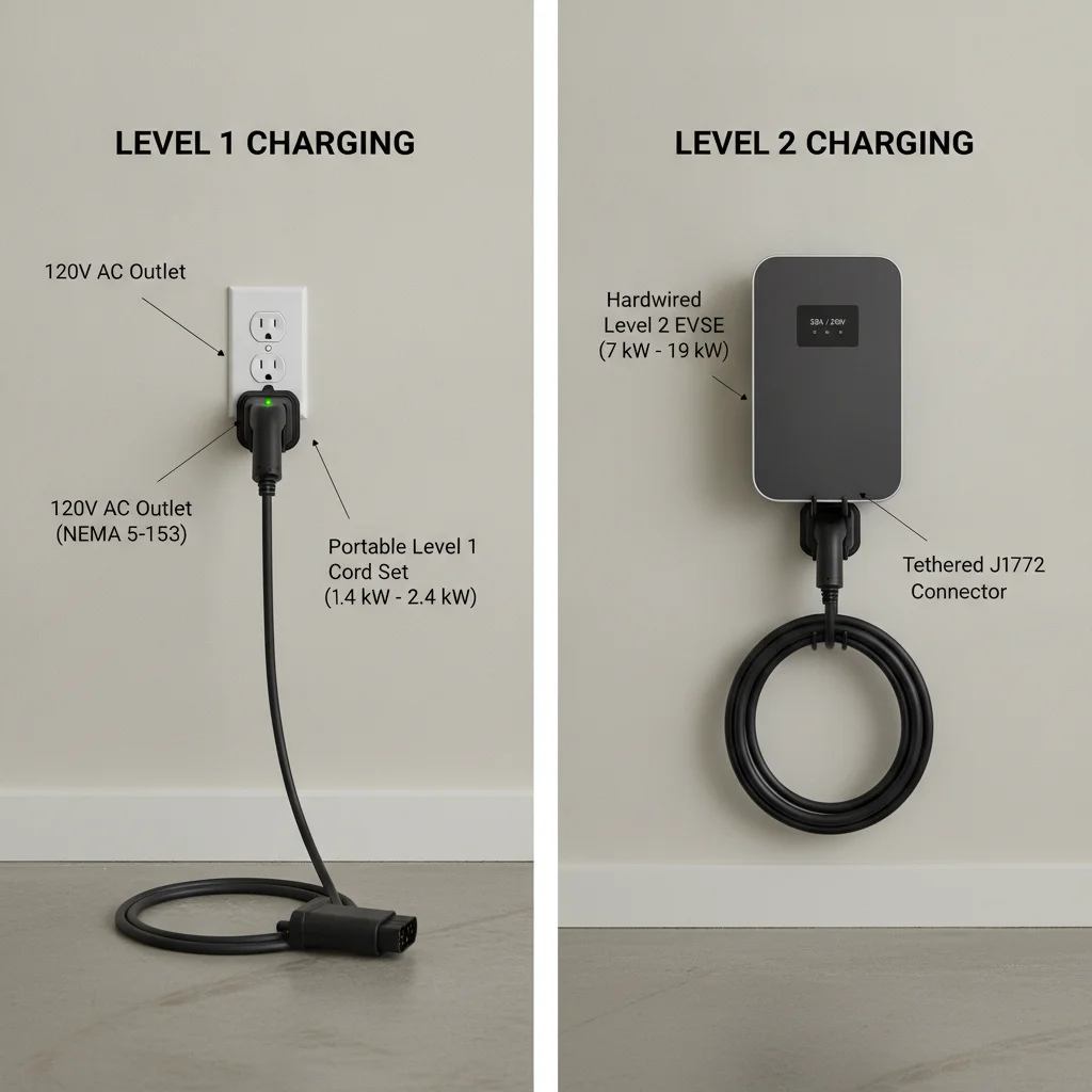 Side-by-side comparison of Level 1 portable EVSE cord set and Level 2 wall-mounted EVSE unit in a garage