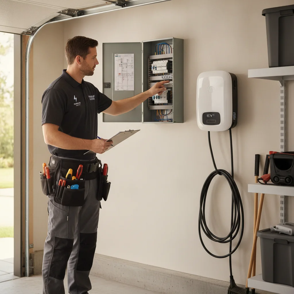 Electrician inspecting a home electrical panel before Level 2 EVSE installation in a garage
