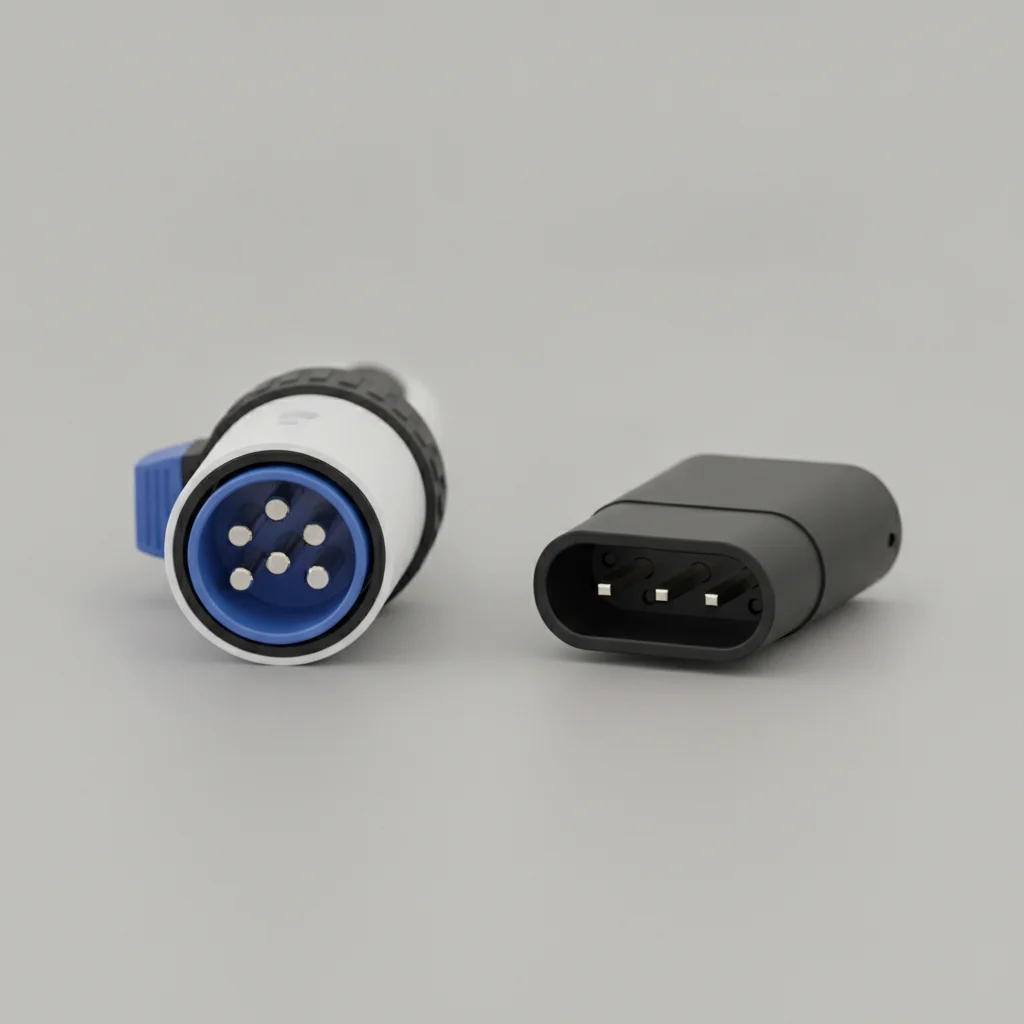 SAE J1772 and NACS electric vehicle charging connectors displayed side by side for comparison