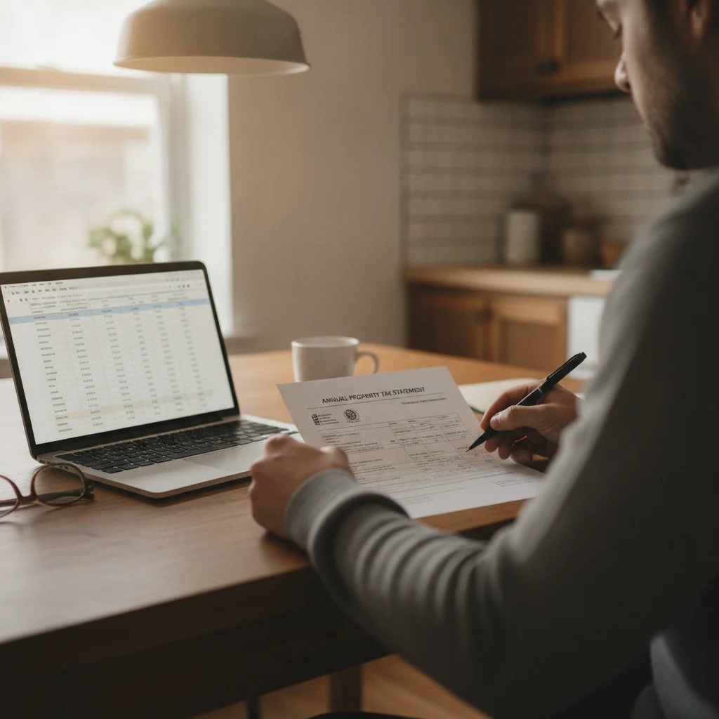 Car owner reviewing an annual vehicle property tax bill at a kitchen table with a laptop