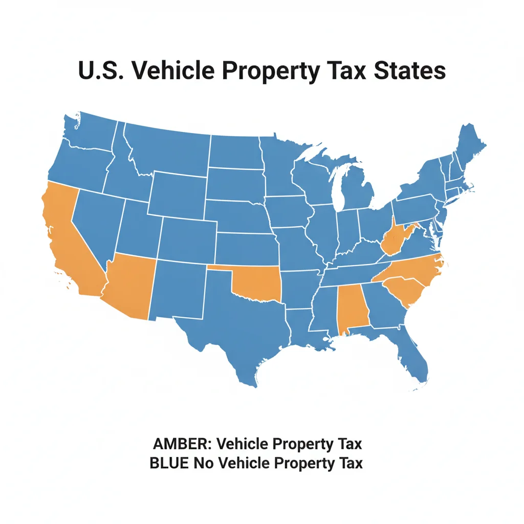 U.S. map highlighting states that charge annual vehicle property tax in amber