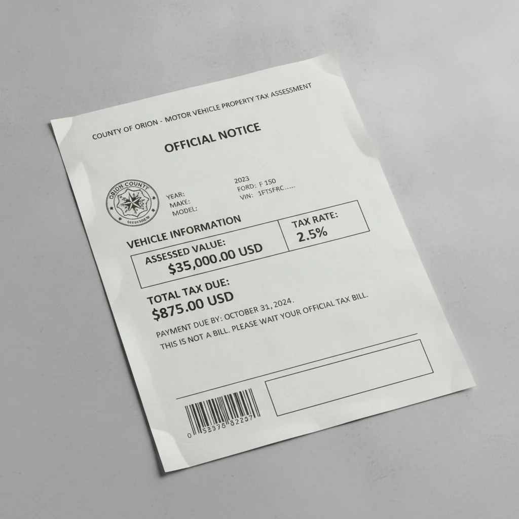County vehicle property tax assessment notice showing assessed value and tax rate