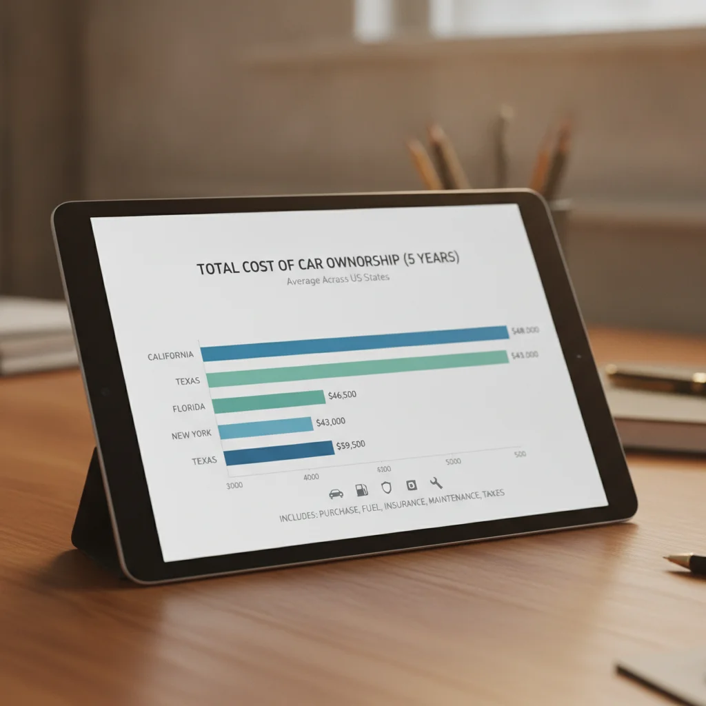 Tablet displaying a five-year car ownership cost comparison chart across different states