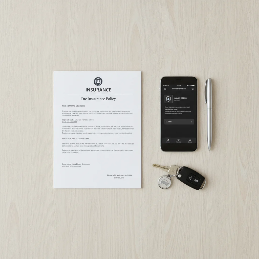 Car insurance documents, smartphone with insurance app, and car keys laid out on a desk