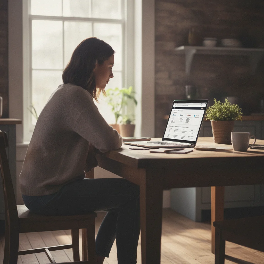 Person comparing car insurance quotes on a laptop at a kitchen table in natural daylight