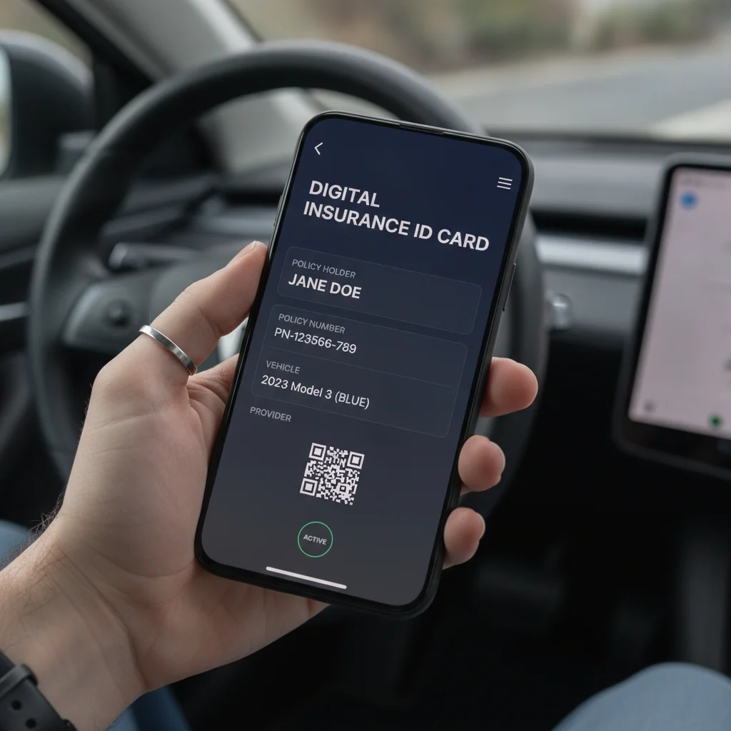 Hand holding smartphone displaying a digital auto insurance ID card on a mobile app
