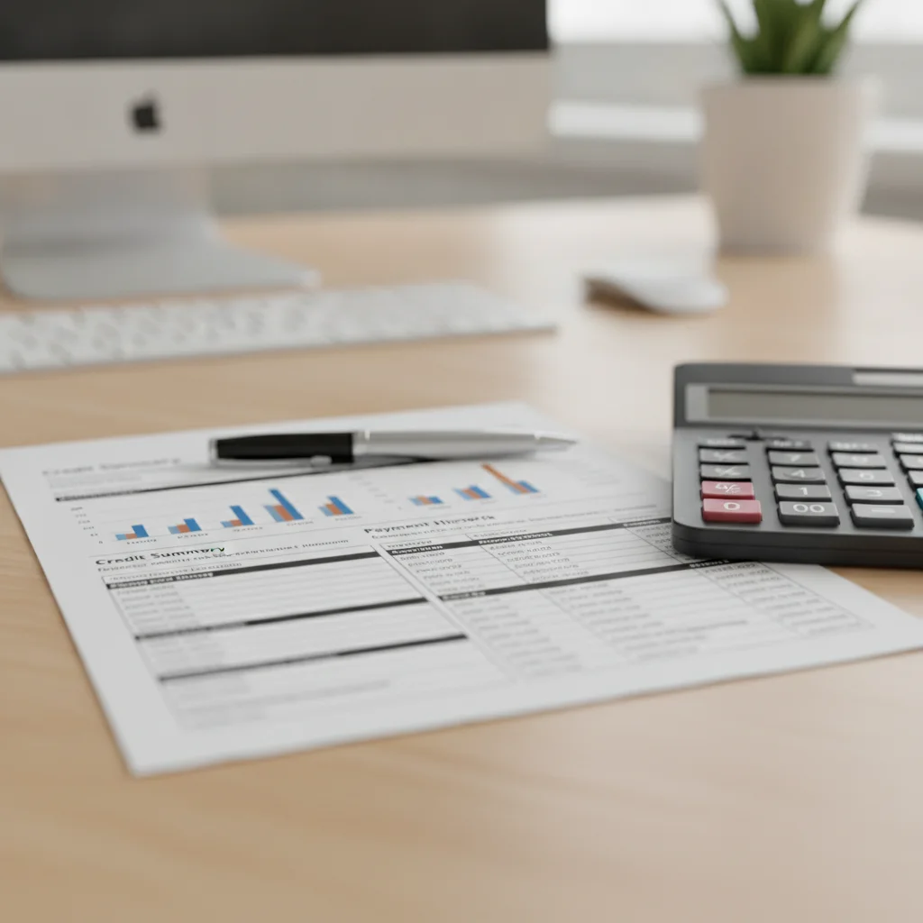 Credit report document with payment history and score details visible on a desk