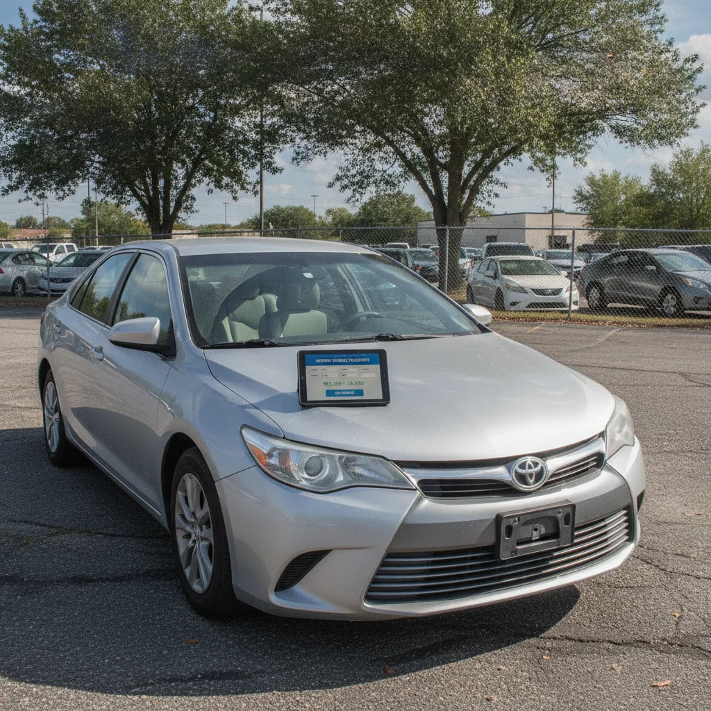 Used car parked next to a tablet displaying a vehicle valuation tool showing current market value