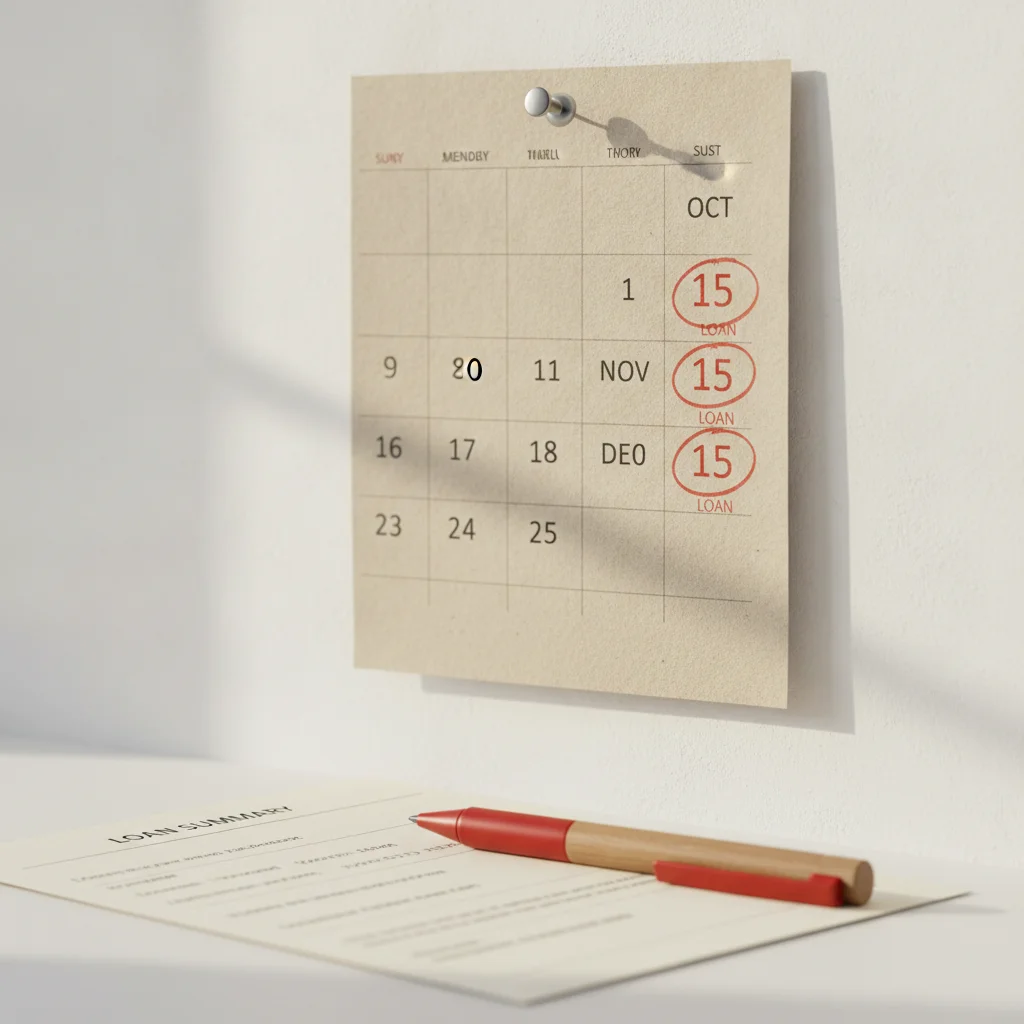 Calendar with circled loan payment dates and a loan statement in the foreground representing loan timing