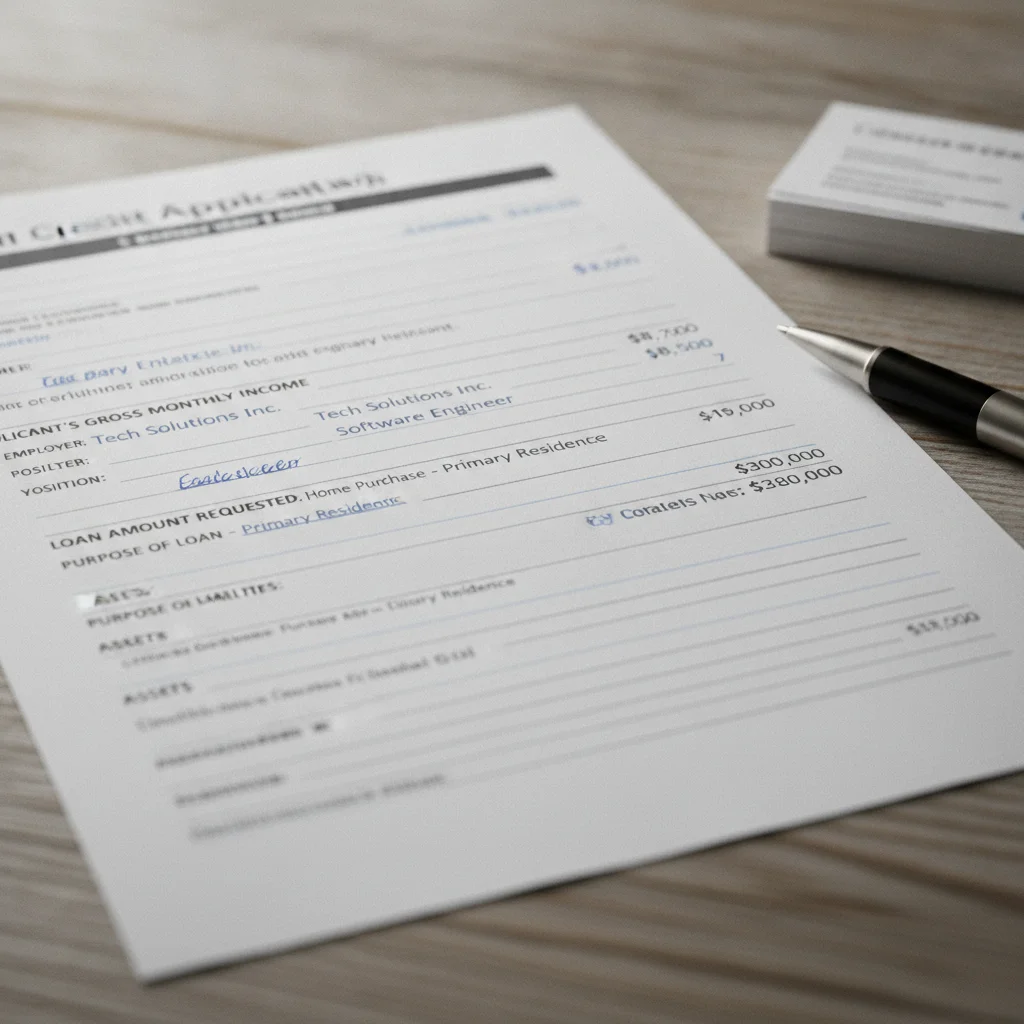 Close-up of a completed auto loan application form showing income, employment, and loan amount fields