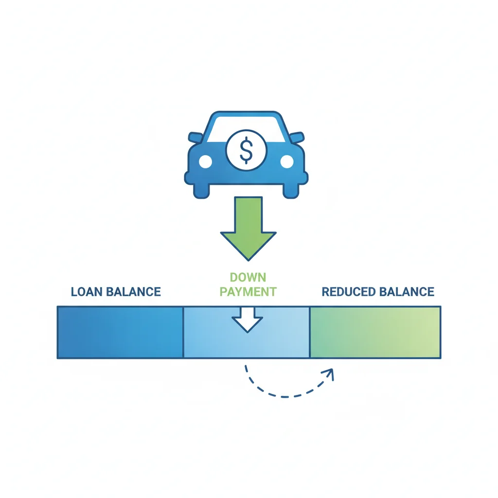 Illustration showing a car with a down payment reducing the loan-to-value ratio represented by a descending bar