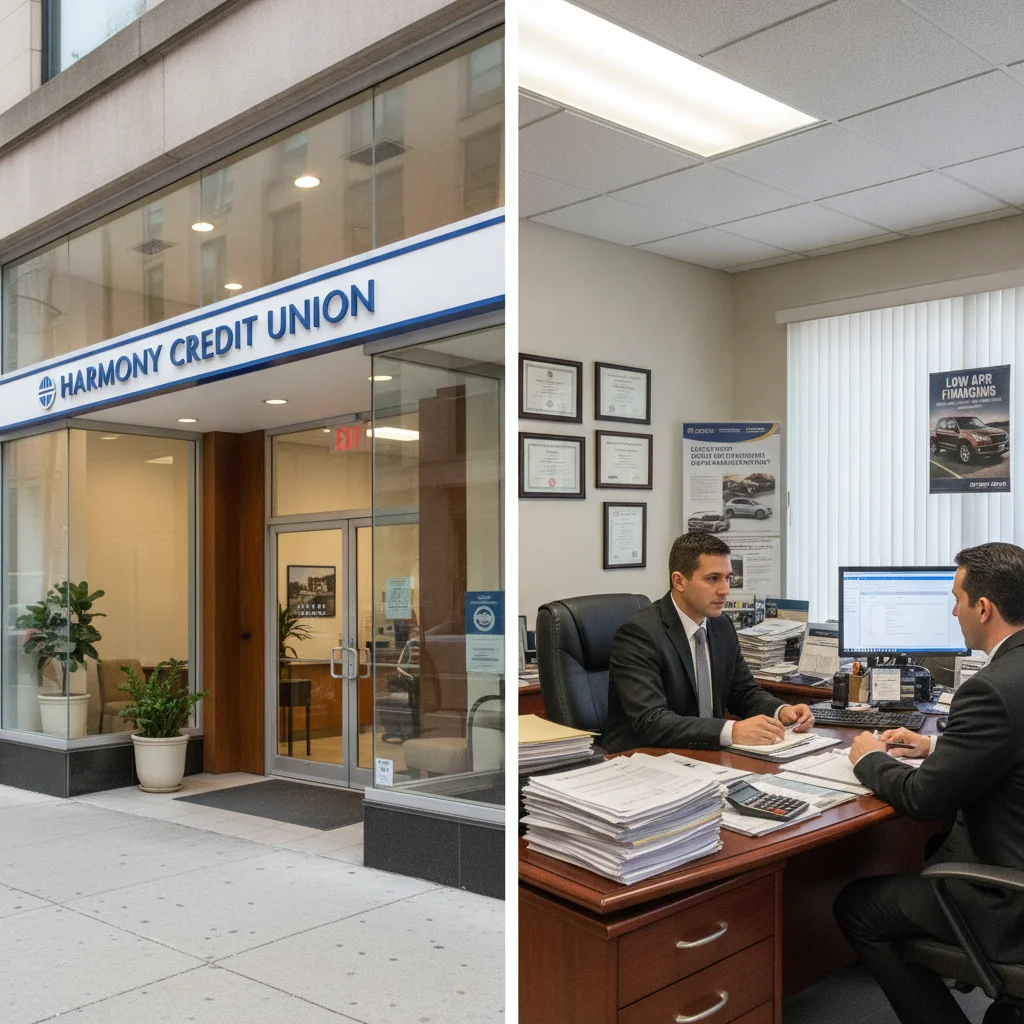 Side-by-side view of a credit union branch and a dealership finance office illustrating different lending sources