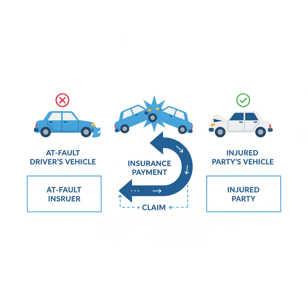 Diagram illustrating how liability insurance payment flows from the at-fault driver's insurer to the injured party