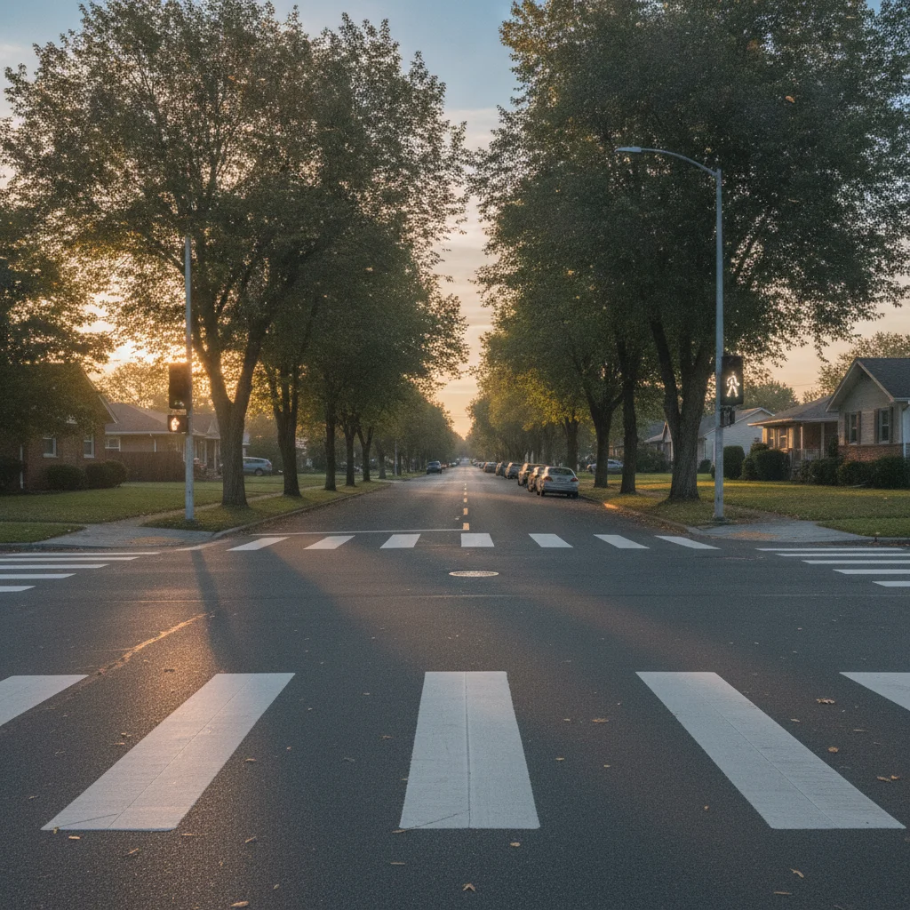 An empty pedestrian crosswalk on a residential street with a crossing signal in morning light