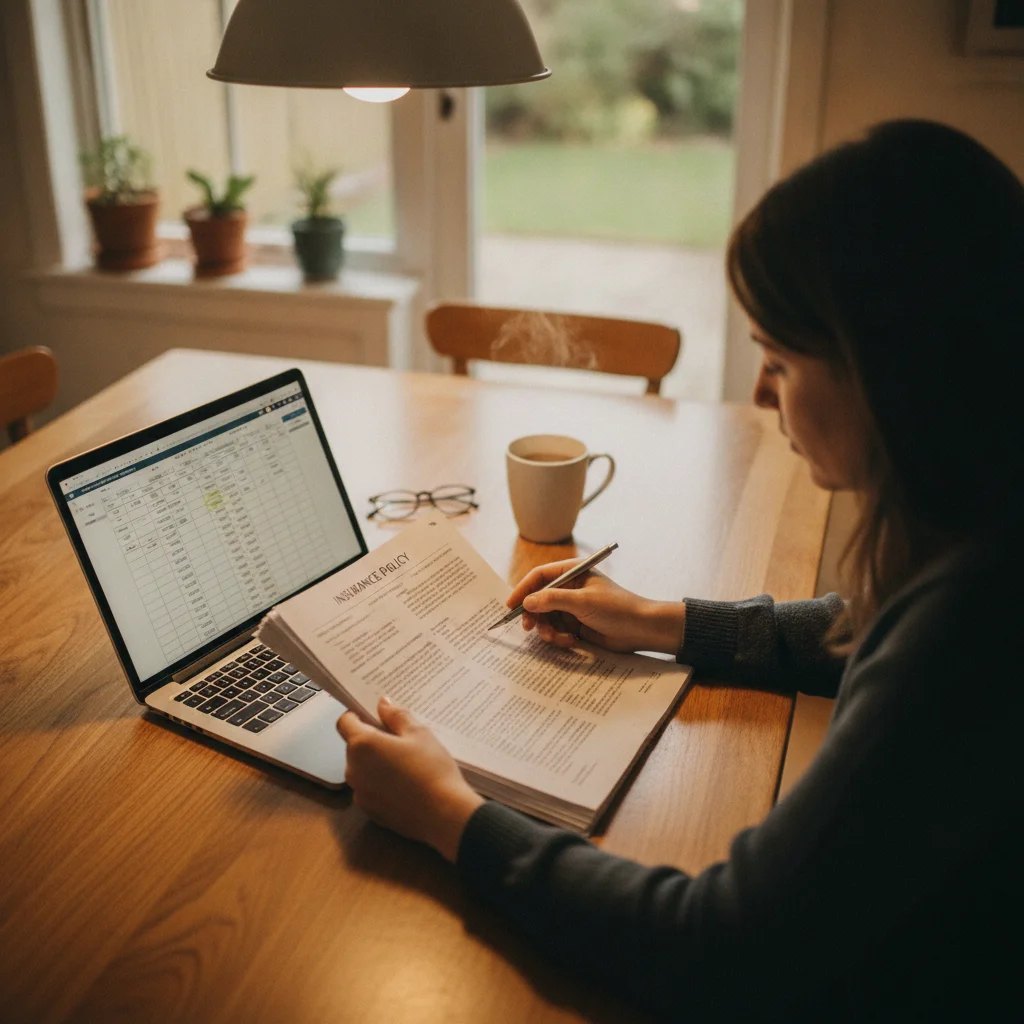 A person reviewing their auto insurance policy documents at a home kitchen table with a laptop nearby
