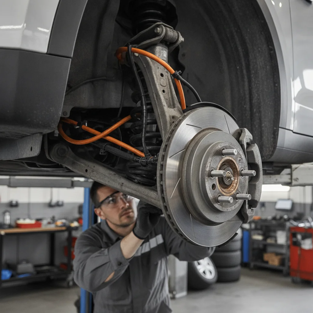 Technician inspecting electric vehicle undercarriage and brake components on a service lift
