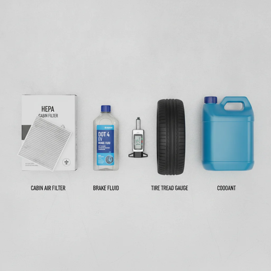 EV maintenance supplies including cabin air filter, brake fluid, coolant, and tire gauge laid out on workshop surface