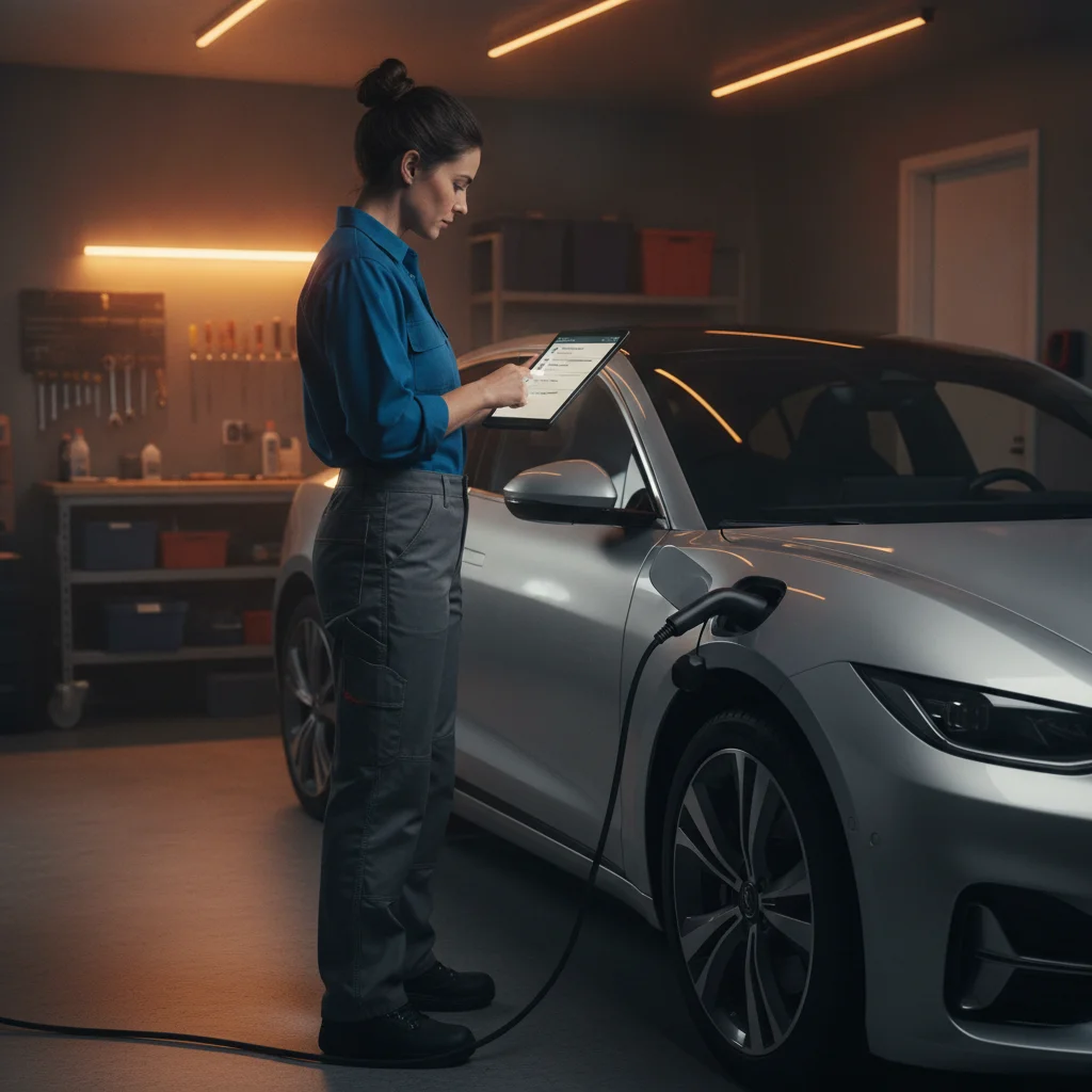 EV owner reviewing a digital maintenance schedule on a tablet beside their electric vehicle
