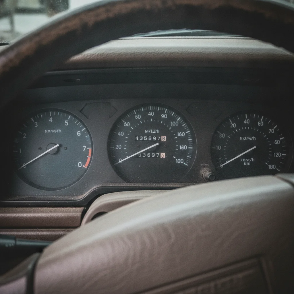 Vehicle odometer showing high mileage reading with illuminated dashboard gauges in blue light