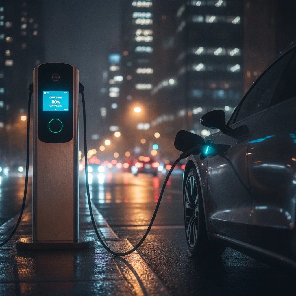 Electric vehicle plugged into a public charging station at night with glowing charge port indicator