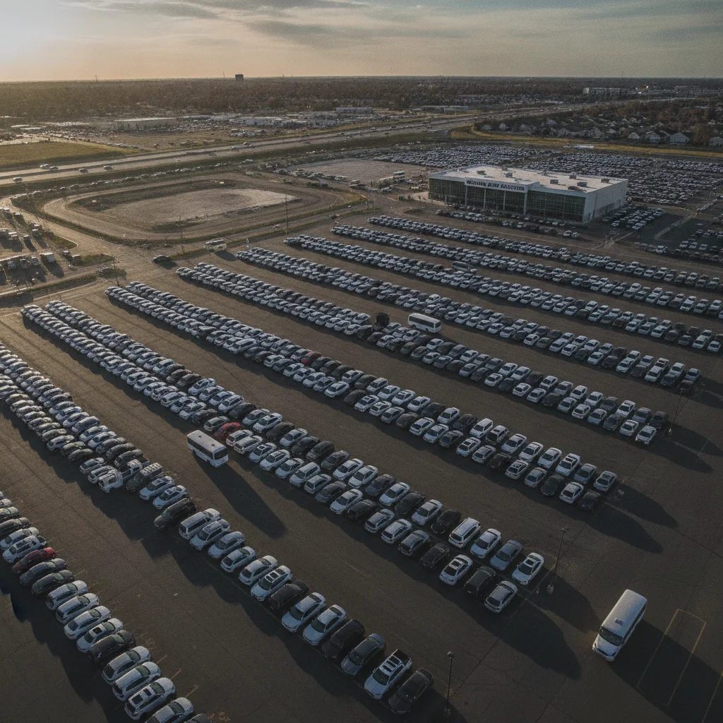Aerial view of a large used car auction lot with hundreds of vehicles arranged in rows under afternoon sunlight
