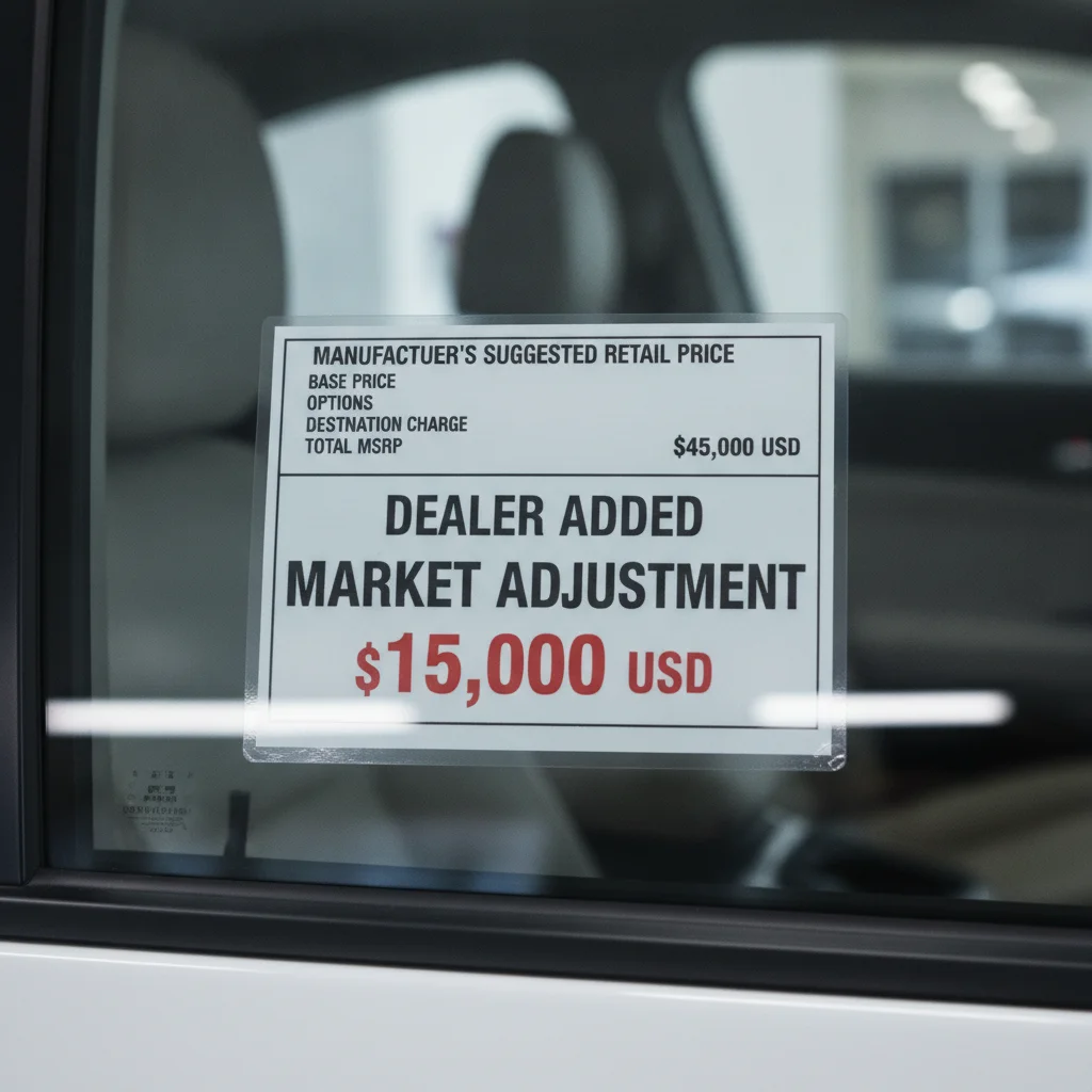 Close-up of a car window sticker showing MSRP alongside a dealer market adjustment line item