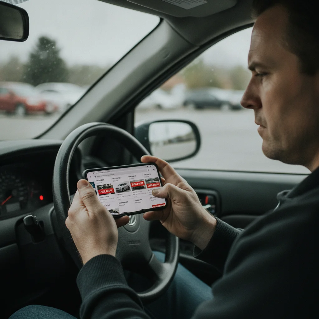 Car buyer researching vehicle inventory and pricing on a smartphone before visiting a dealership