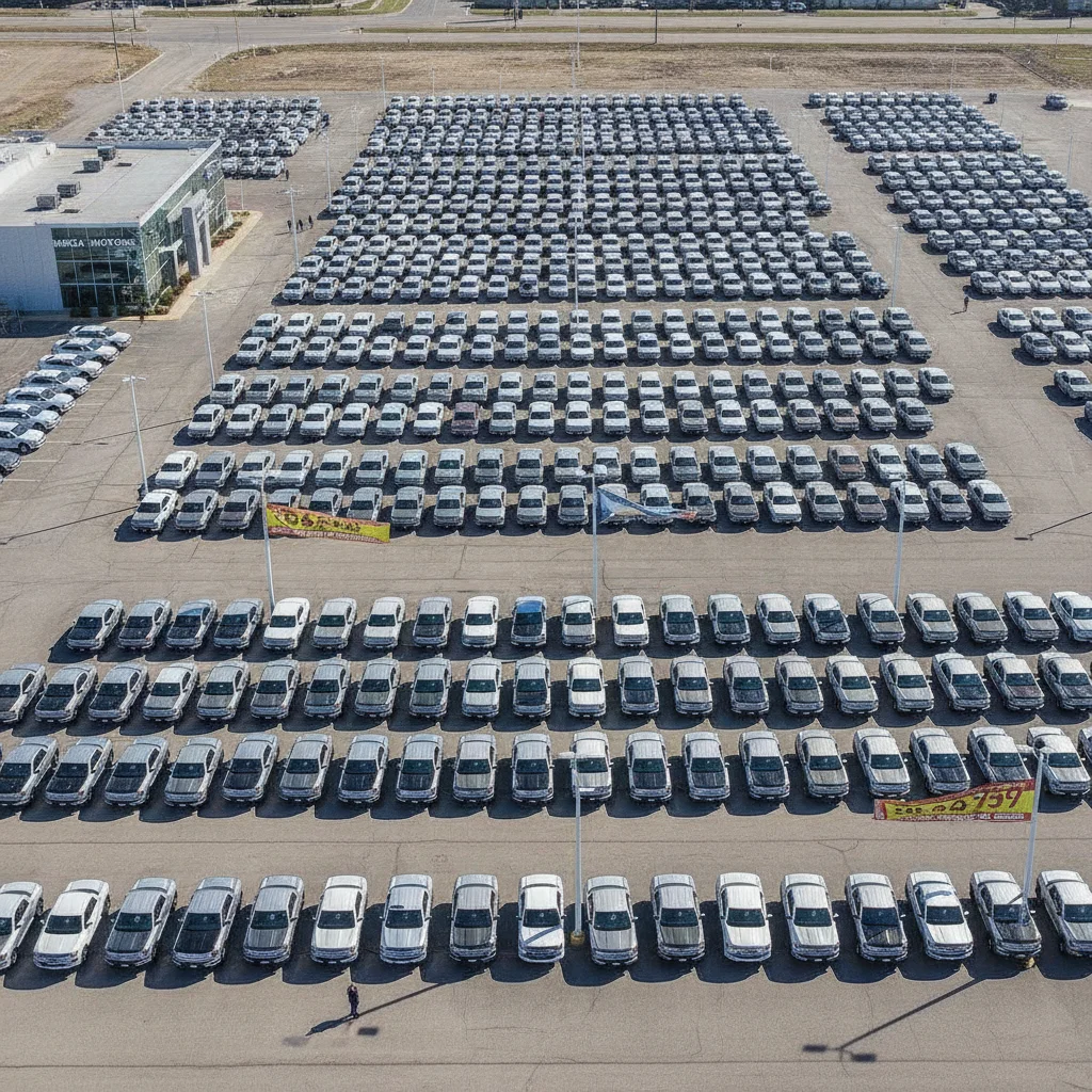 Rows of new trucks and SUVs sitting on a full dealership lot indicating adequate inventory supply
