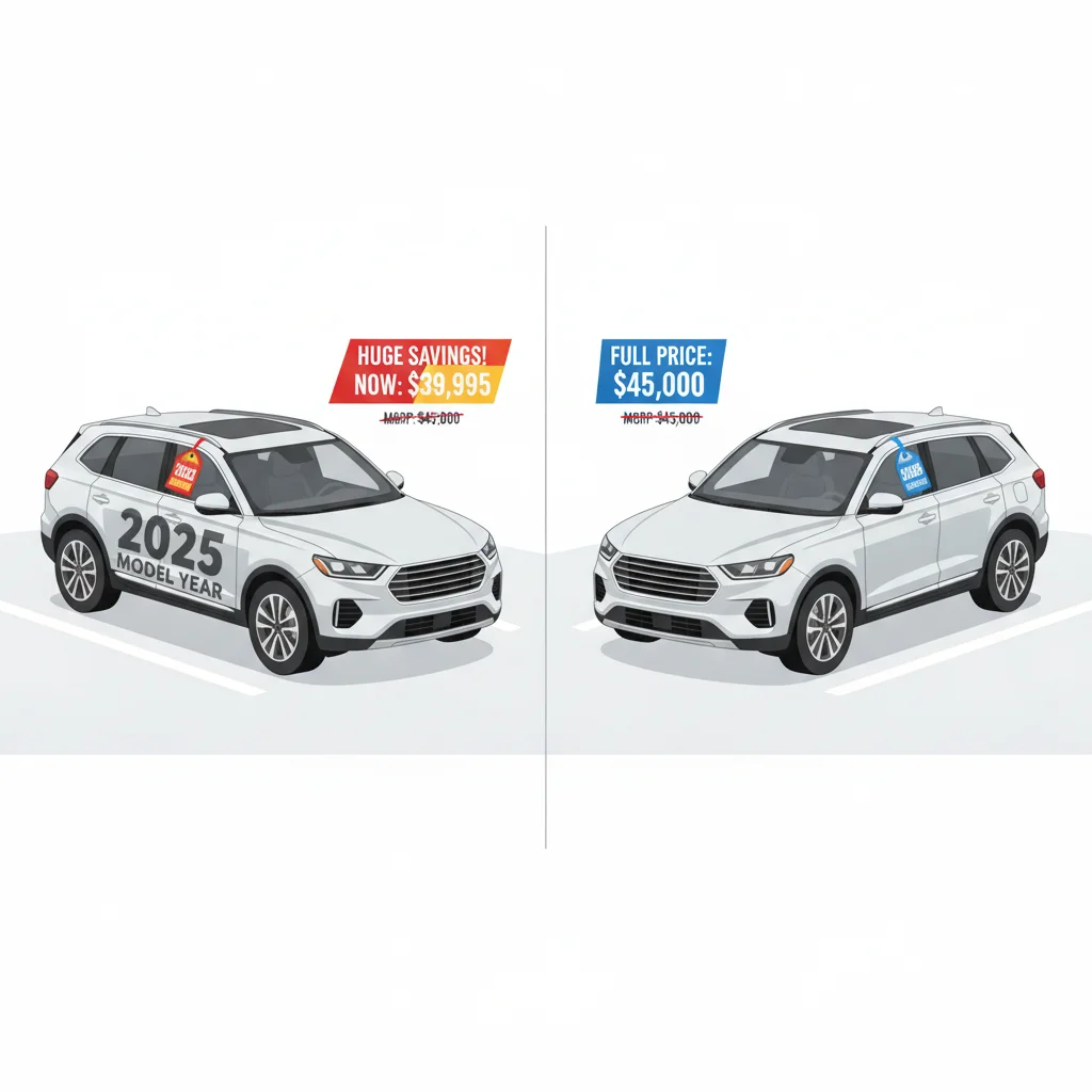 Two identical SUVs side by side, one labeled 2025 with a discount tag and one labeled 2026 at full price