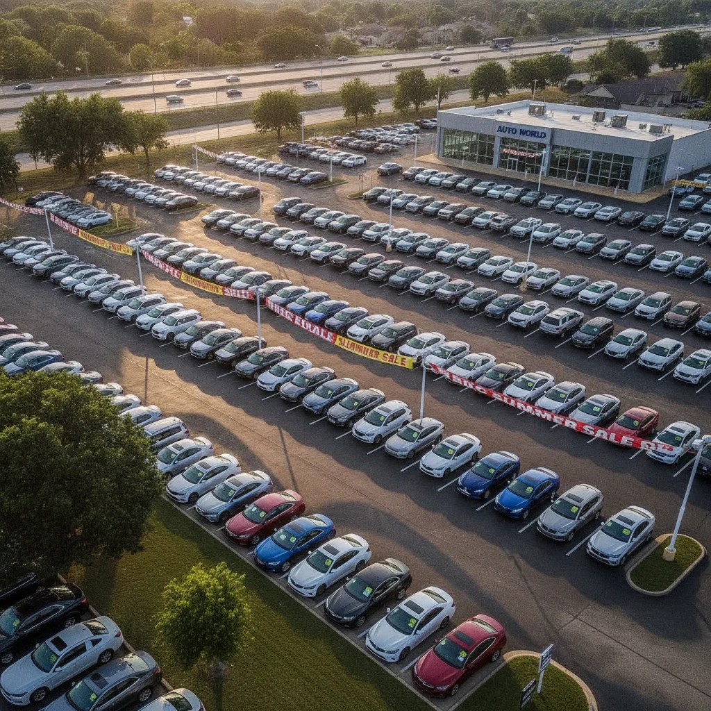 Overhead view of car dealership lot with clearance signs on outgoing model year vehicles during late summer