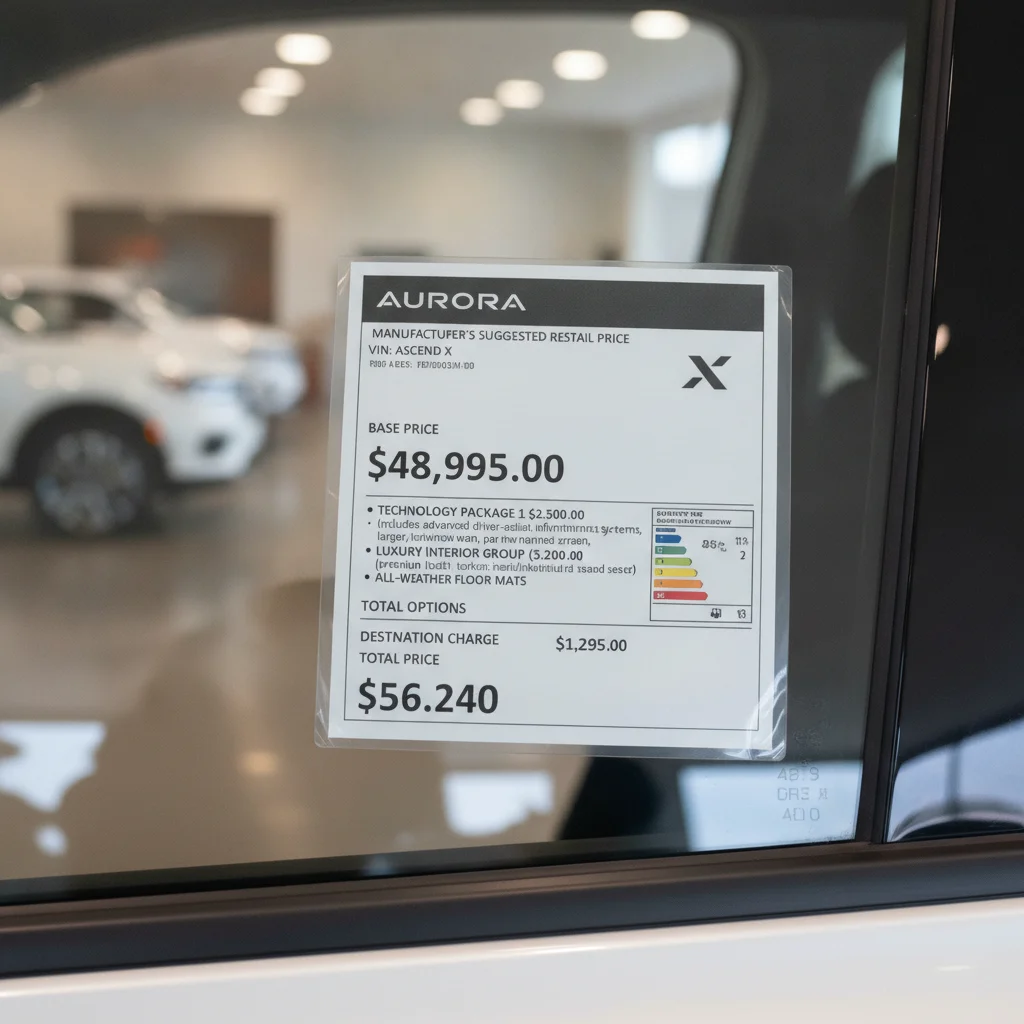 Monroney window sticker on a new vehicle showing base price, options, and destination charge breakdown