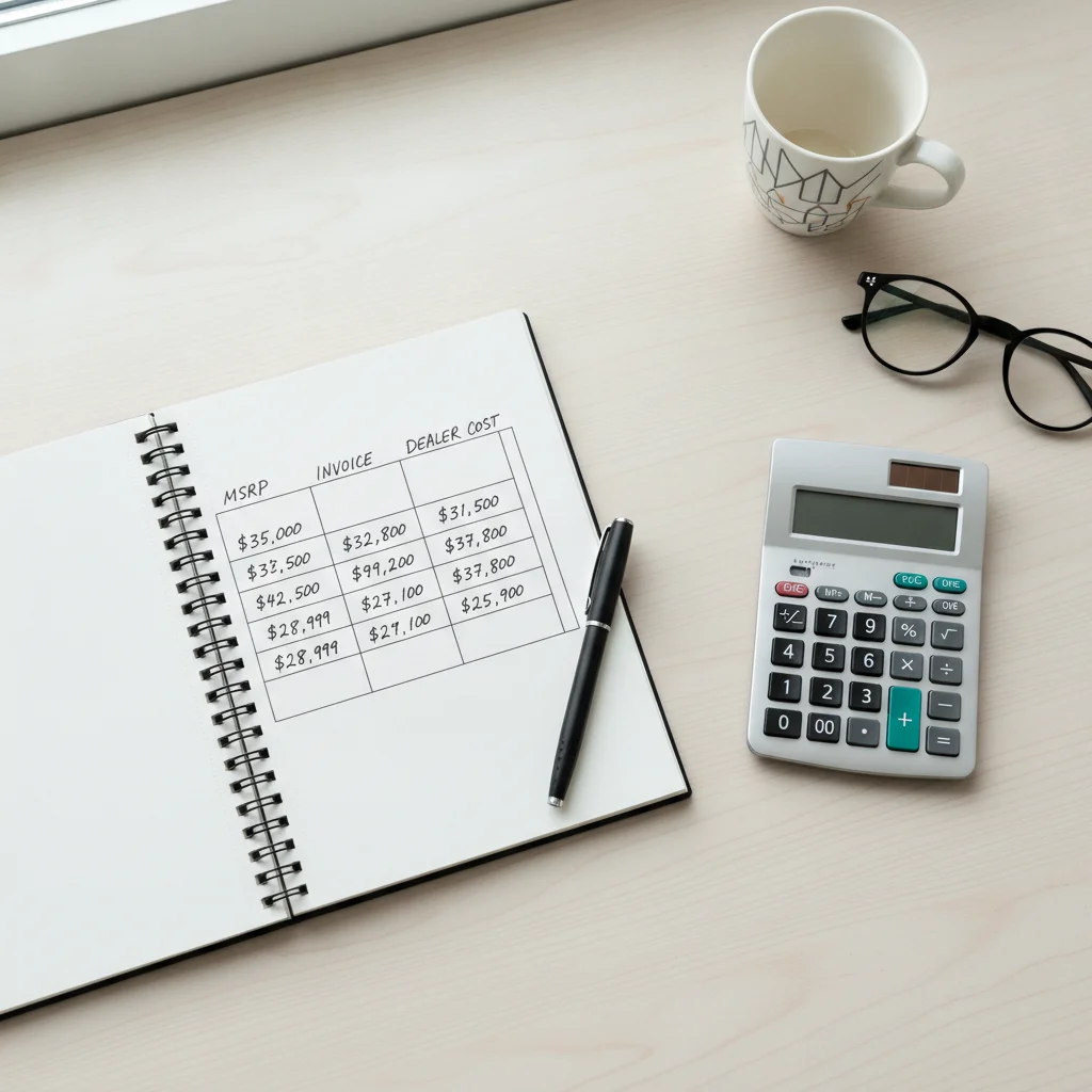 Notebook showing columns comparing MSRP, invoice price, and dealer cost with a calculator beside it