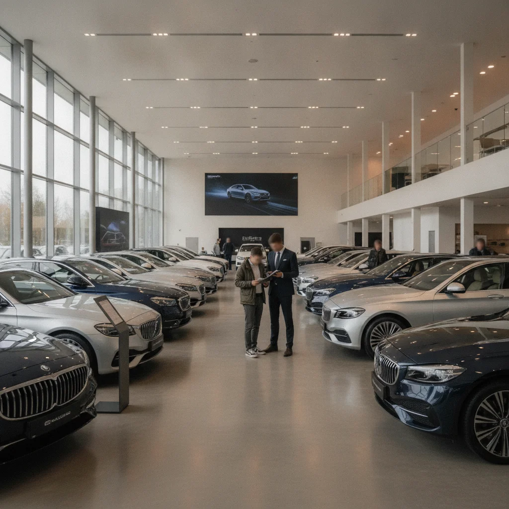 Dealership showroom with customer and salesperson reviewing vehicle paperwork near a new car