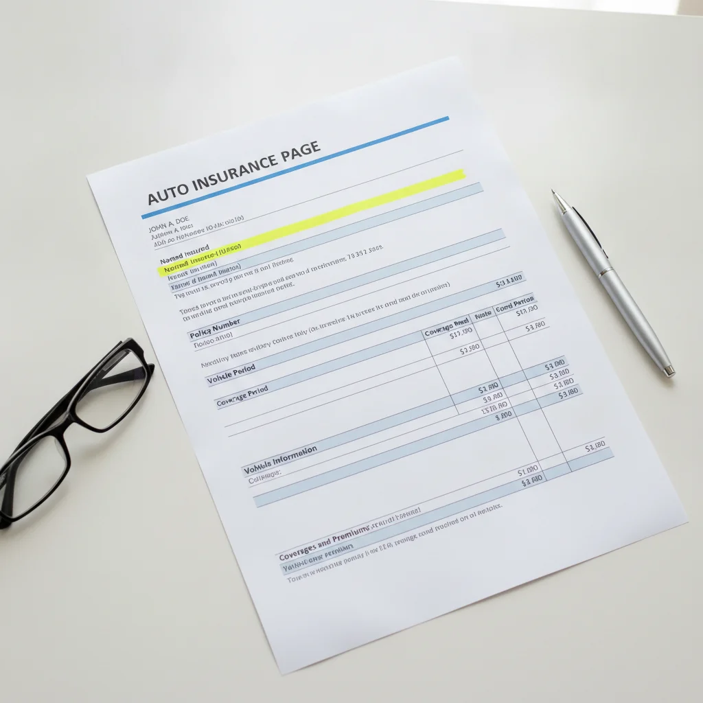 Auto insurance declarations page with the Named Insured field highlighted near the top of the document