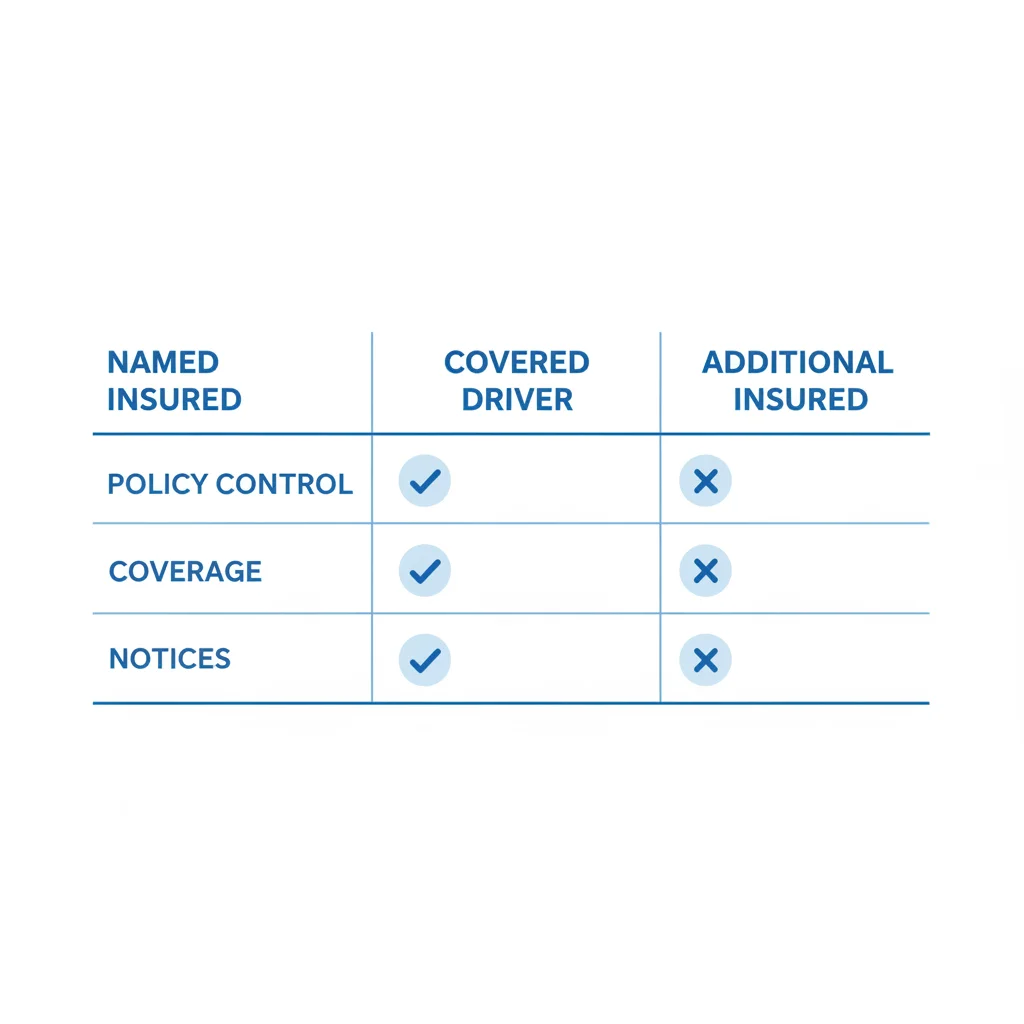 Comparison chart showing differences between named insured, covered driver, and additional insured designations on an auto policy