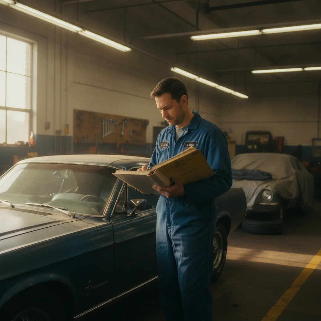 Mechanic reviewing vehicle service records and maintenance history in an auto shop