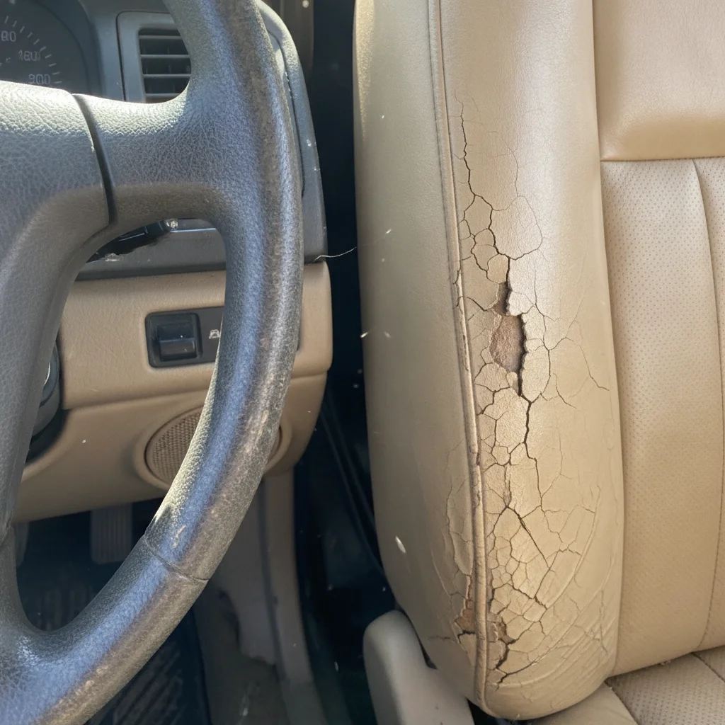 Worn car interior showing driver's seat bolster wear, steering wheel fading, and scuffed door panel