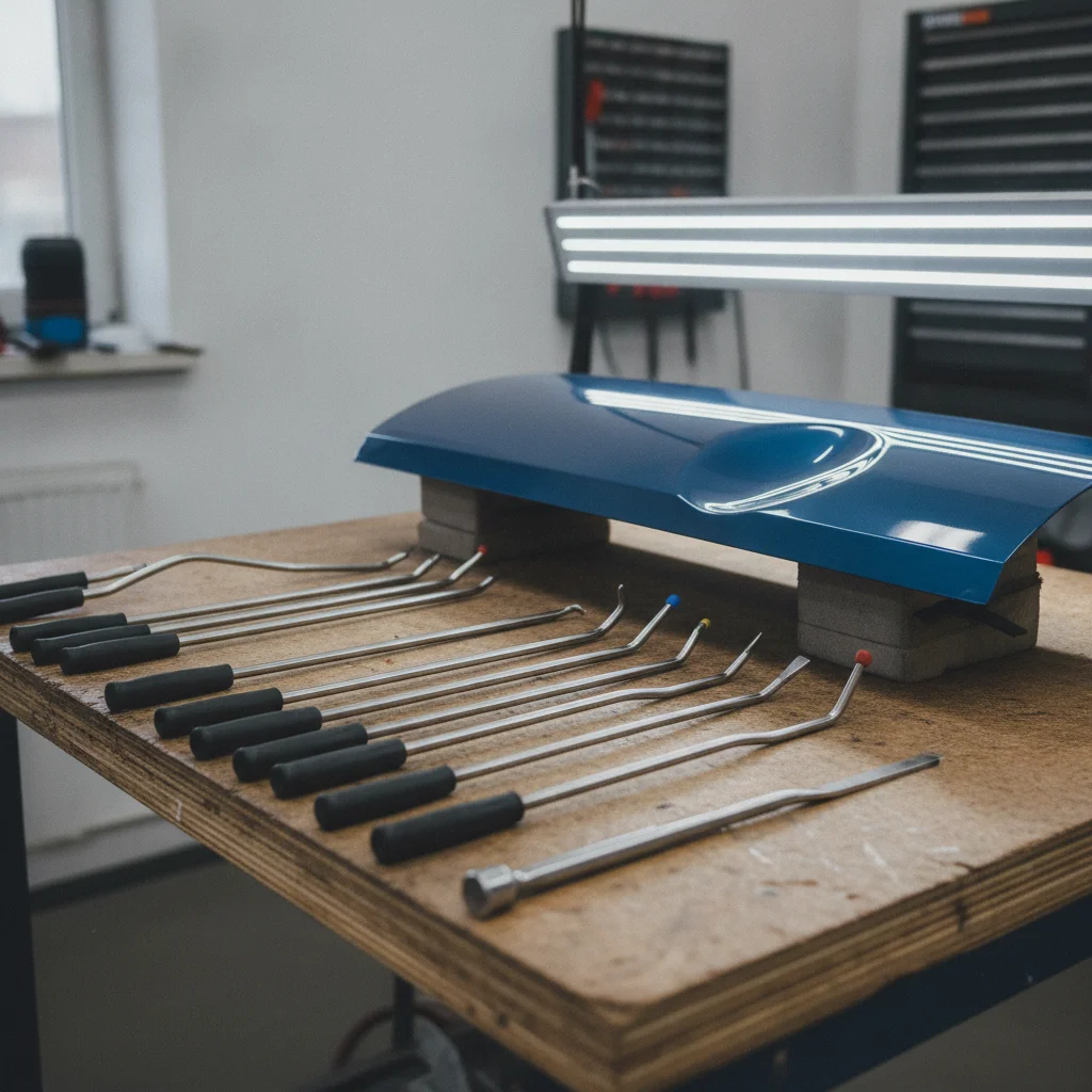 Specialized PDR metal rods and picks arranged on a workbench beside a car door panel being repaired
