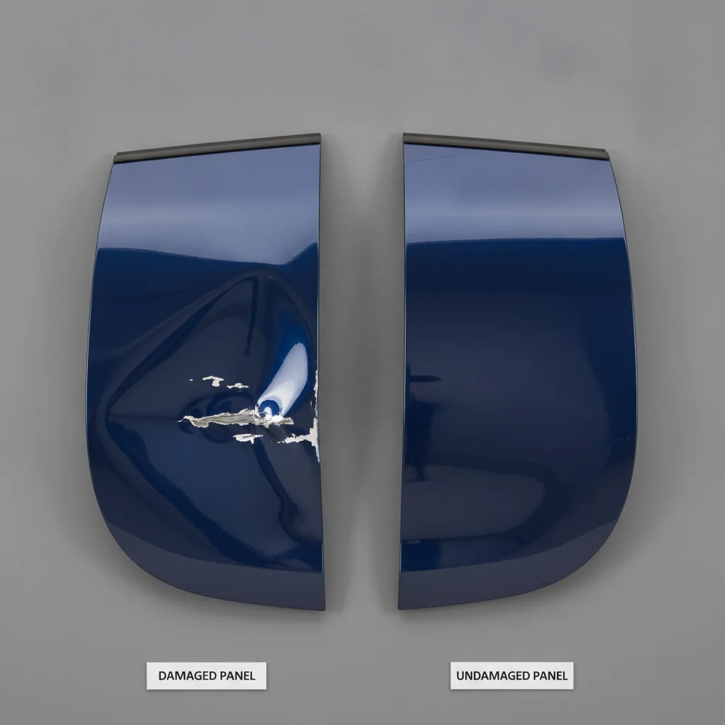 Side-by-side comparison of a creased dented car panel with paint chips and an undamaged smooth panel