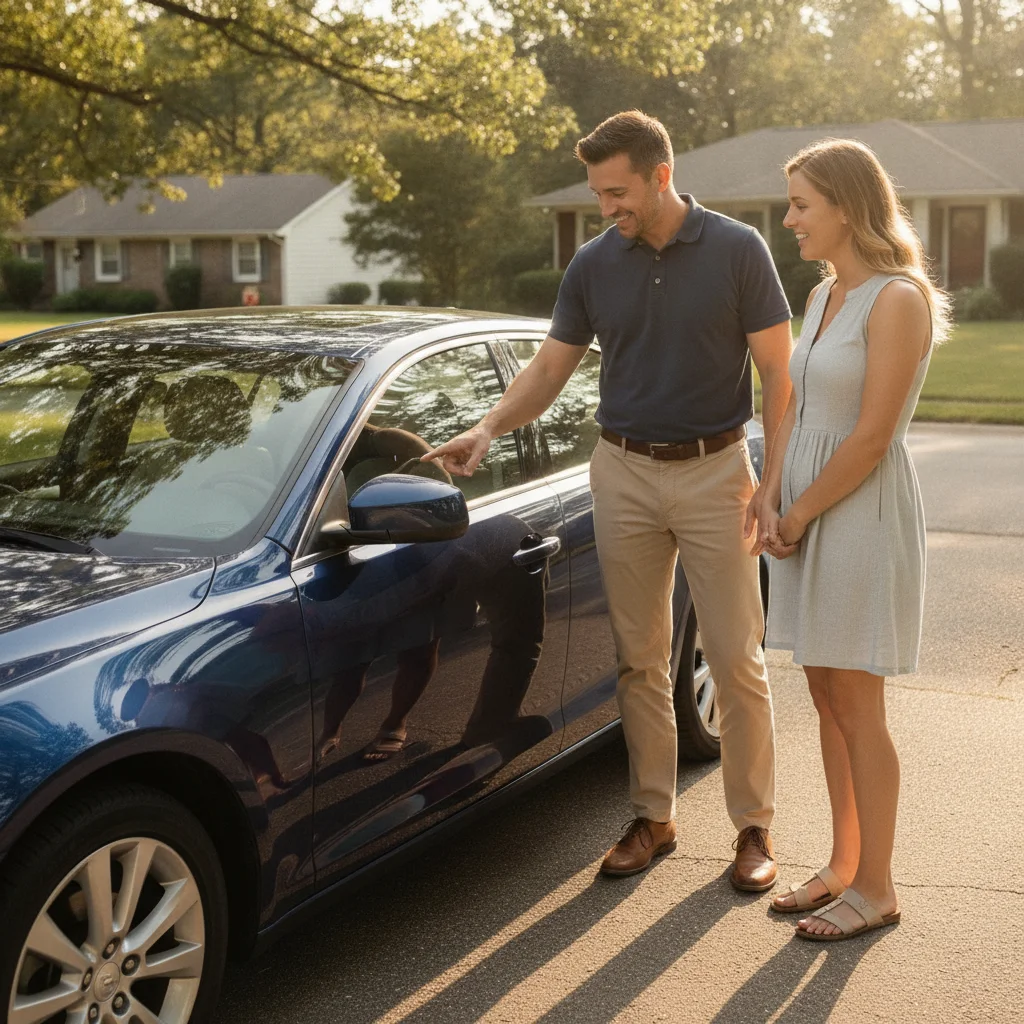 Car seller showing a buyer a previously dent-repaired door panel on a clean used sedan in a driveway