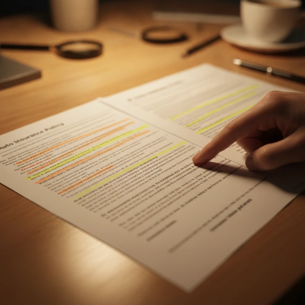Two auto insurance policy documents placed side by side for exclusion comparison, one showing more flagged passages