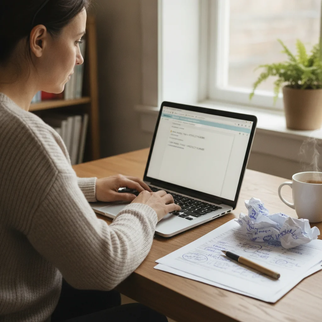 Person composing an email inquiry to an insurer while reviewing a printed policy document with written notes