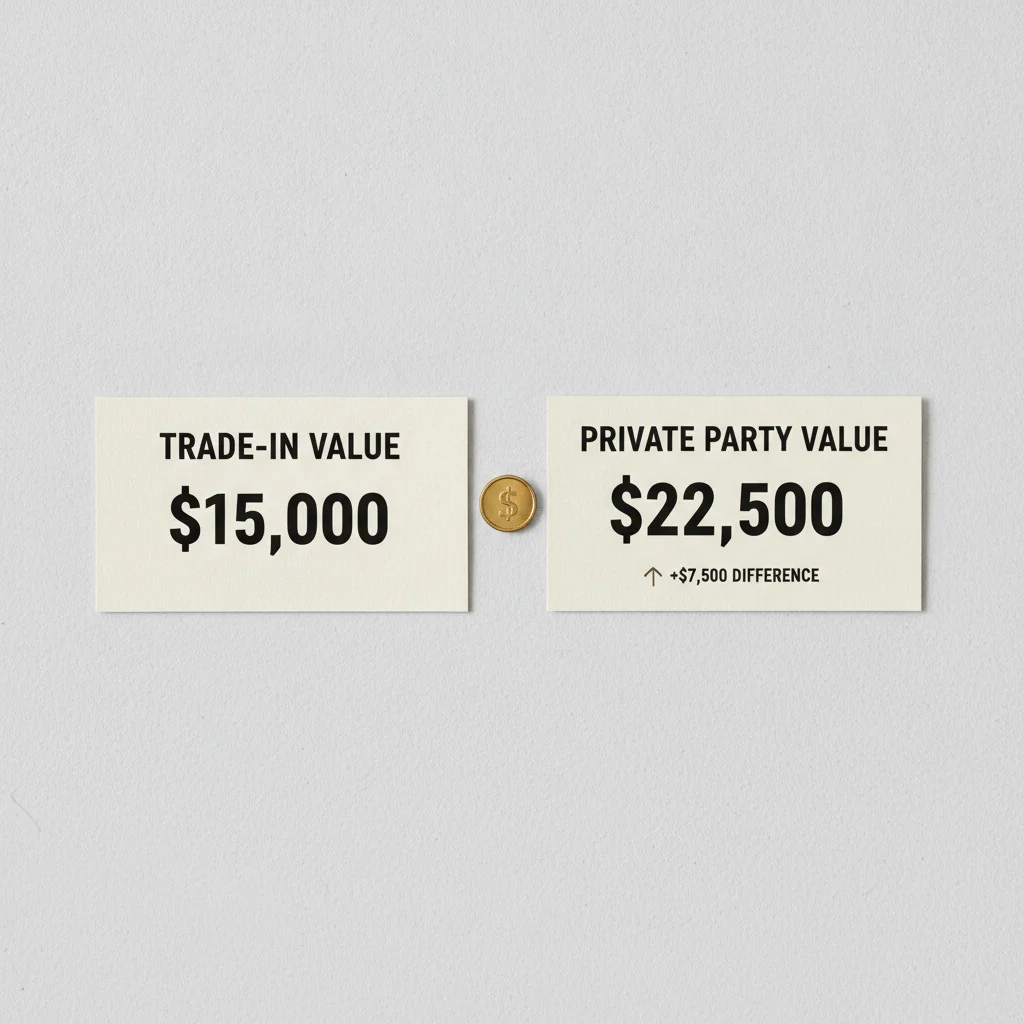 Two price tags side by side showing trade-in value lower than private party value for the same car
